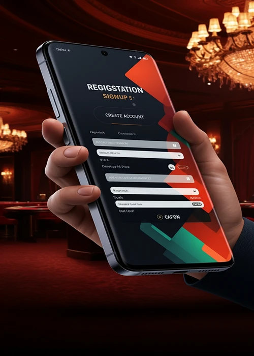 A user interface showing the Lucky Mister Casino registration form with fields for email, password, and personal details, ready for account creation.